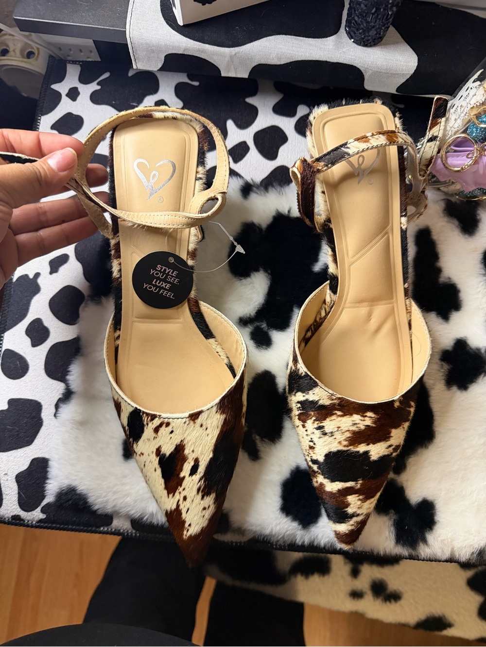 Windsor Cow-Print Pointed Toe Ankle Strap Heels - Brown/White